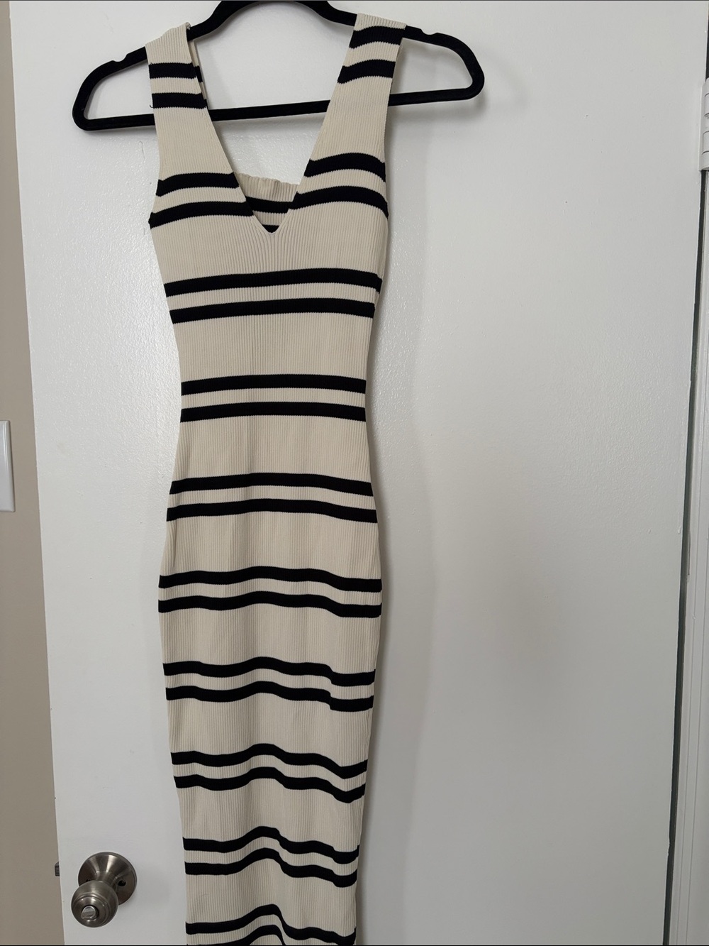 Women’s Cream and Black Striped Ribbed Maxi Dress